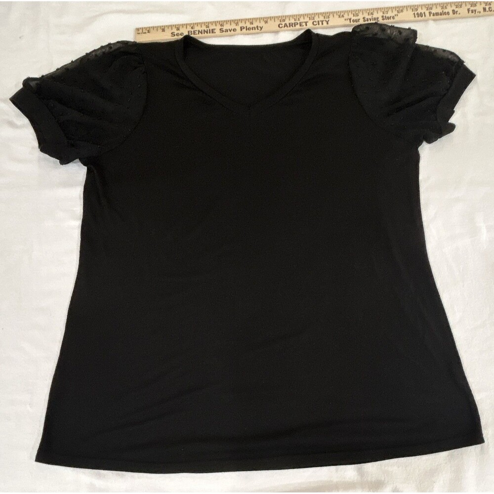 Women’s Black Sheer Ruffle V-Neck Puff Short Sleeve Pullover Blouse XXL 0152